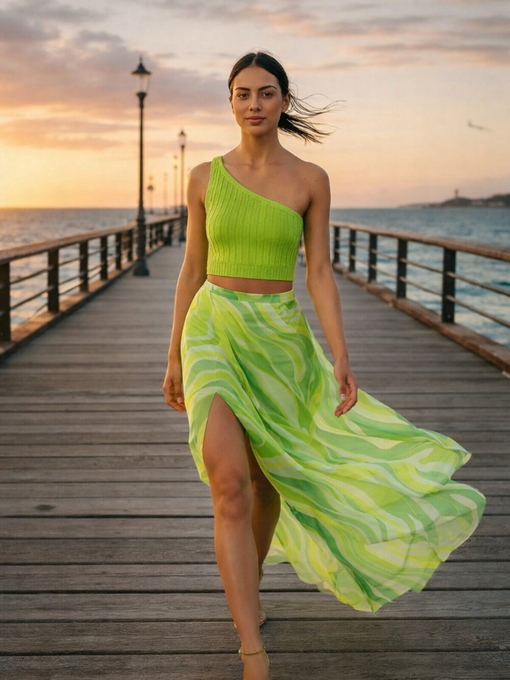 Zara One Shoulder Cable‎ Knit Lime Green Halter Sexy Party Resort Top Women M